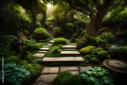 Textured stone pathways surrounded by lush foliage