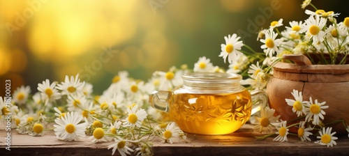 Chamomile tea and daisies composition on blurred background with copy space