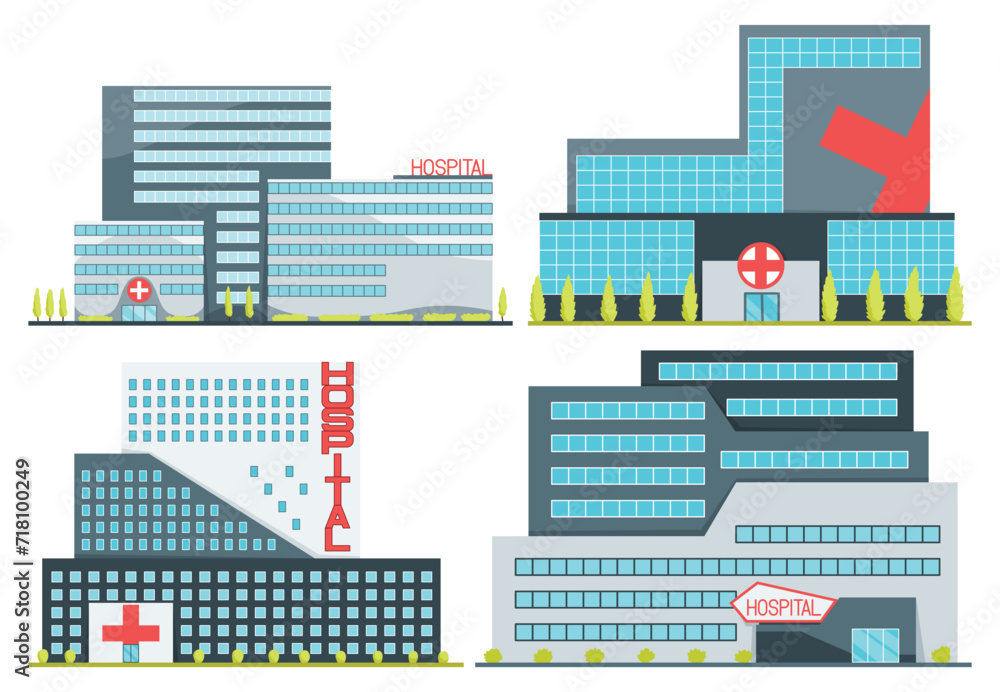 Hospital exterior front view with entrance in flat design. Medical hospital building icon set, isolated on white background. Vector illustration