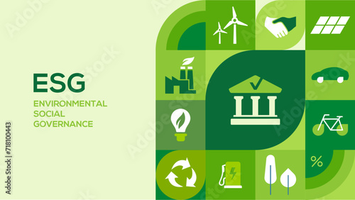 ESG fund, Environmental, Social, and Governance. Green energy, industry, renewable recourses. 
Vector illustration. photo