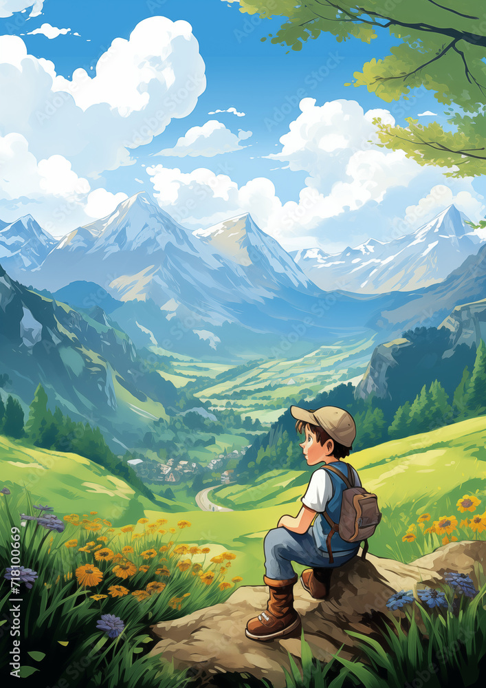 Boy Sitting on a Stone and Summer Mountains Meadows on Background Illustration