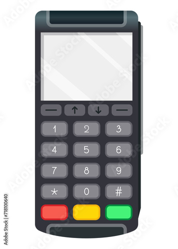 Payment pos terminal. NFC payment machine concept. Bank payment terminal, mockup. Vector illustration in flat design