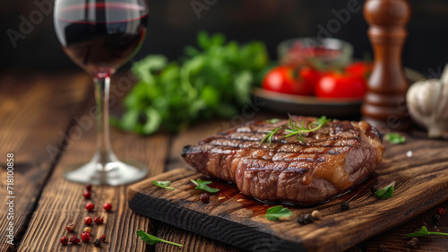 Grilled Steak Drizzled with Herbed Juices on a Rustic Cutting Board in a Gourmet Kitchen Ambiance