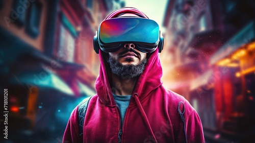 Man wearing virtual reality goggles. Virtual reality headset. Concept of technology and cyberspace. Illustration for cover, card, postcard, interior design, banner, poster, brochure or presentation.
