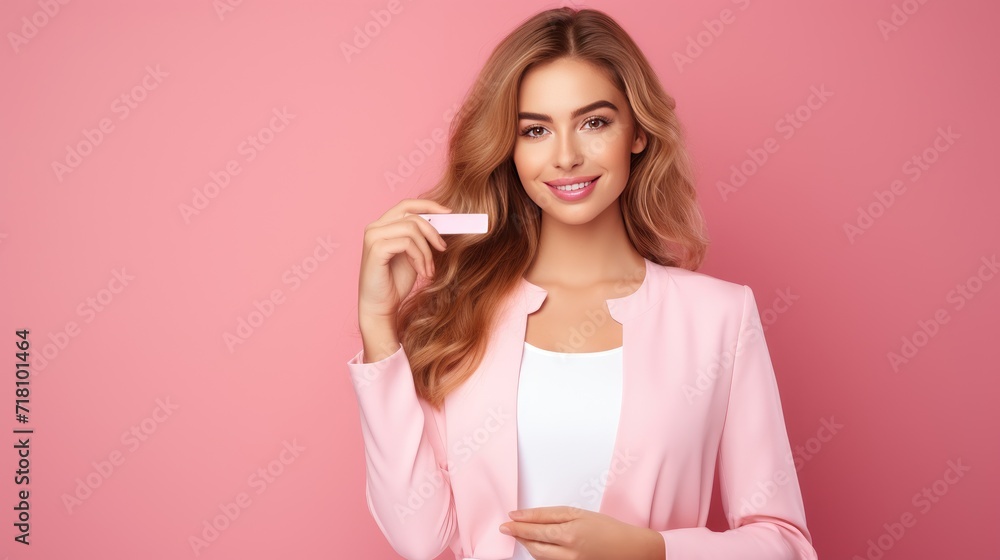 Happy and cheerful person holding credit card for shopping concept, photo on isolated color background, copy space for text Happy and cheerful person holding credit card for shopping concept, photo on isolated color background, copy space for text