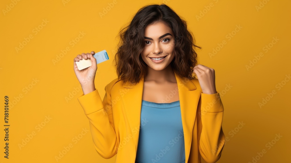 Happy and cheerful person holding credit card for shopping concept, photo on isolated color background, copy space for text Happy and cheerful person holding credit card for shopping concept, photo on isolated color background, copy space for text