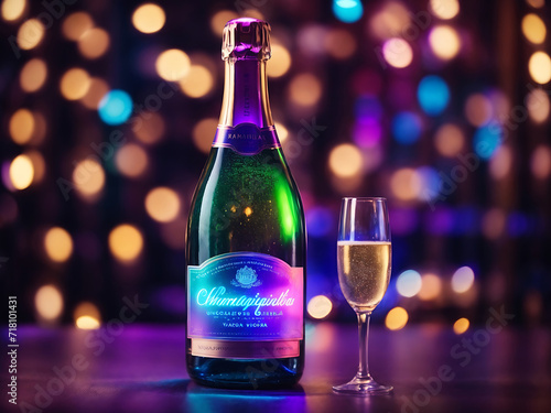 White champagne bottle with colorful ultraviolet holographic neon lights design. Creative concept design.