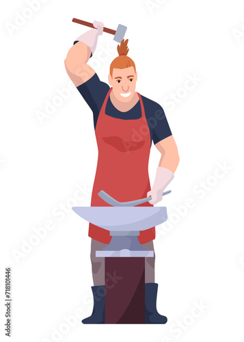 Blacksmith worker. Craftsmanship making steel tools. Character with hammer making goods in foundry workshop. Worker making some items. Vector cartoon person