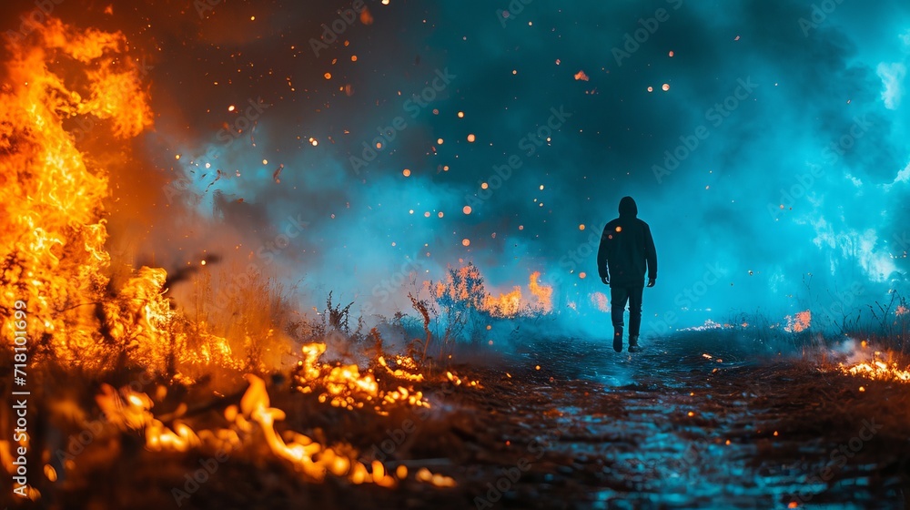 Amidst flames, a lone wanderer in mystic woods, generative ai