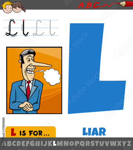 letter L from alphabet with cartoon illustration of liar word