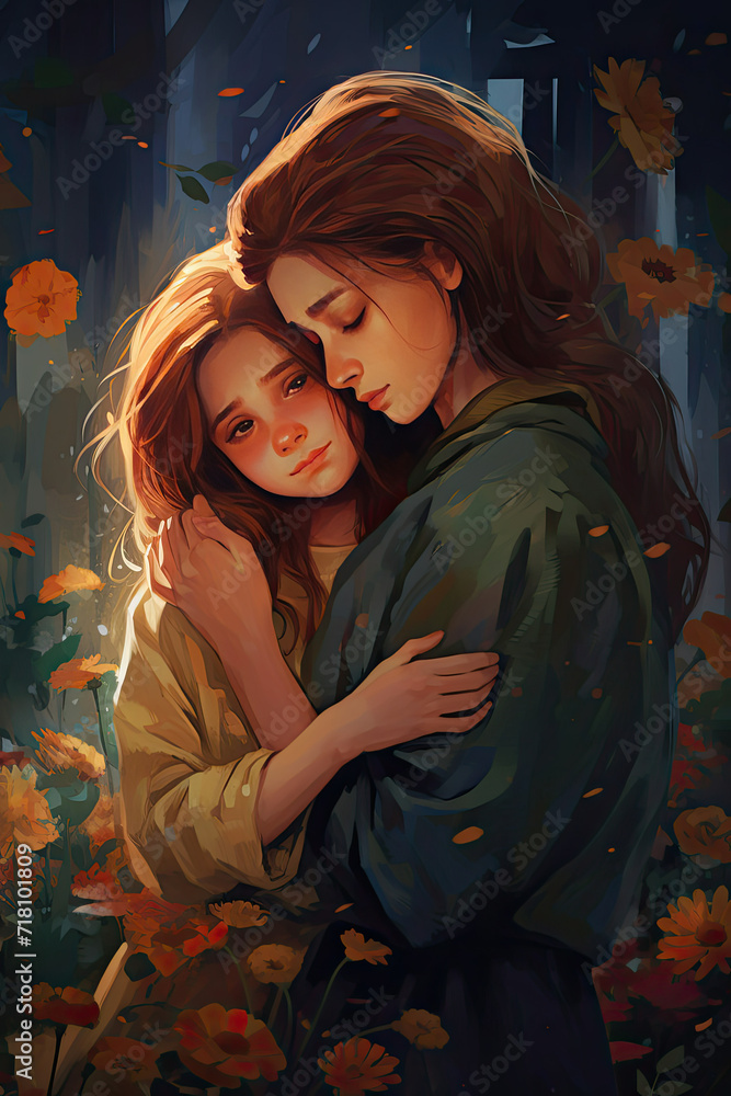 Painting Depicting Two Women Embracing in a Heartwarming Gesture Painting Depicting Two Women Embracing in a Heartwarming Gesture