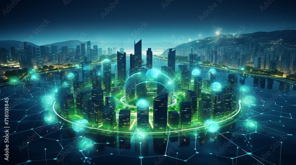 Smart city infrastructure in green community with rapid data network and digital society concept