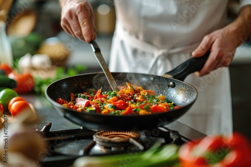 Chef in an apron stirring vegetables in a frying pan