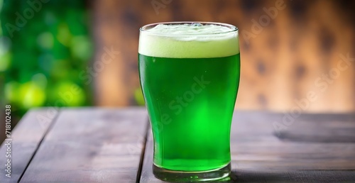 Green beer in a glass on a wooden table on a blurred background