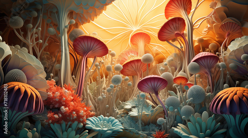 Futuristic fantasy floral composition of mushrooms, algae, flowers and other plants. Background with natural motif with warm lighting for design.