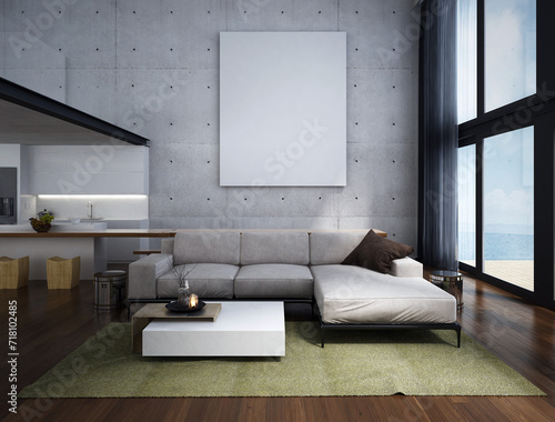 Modern living room interior design and concrete wall background and empty canvas frame and sea view.