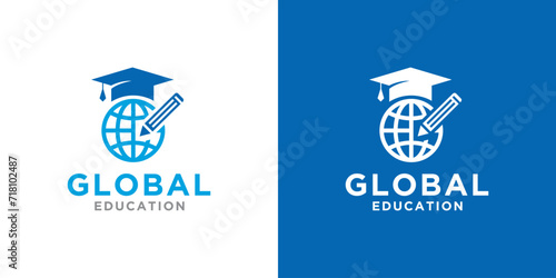 world education logo template, school, campus, graduation logo with a globe concept combined with a graduation cap and pencil