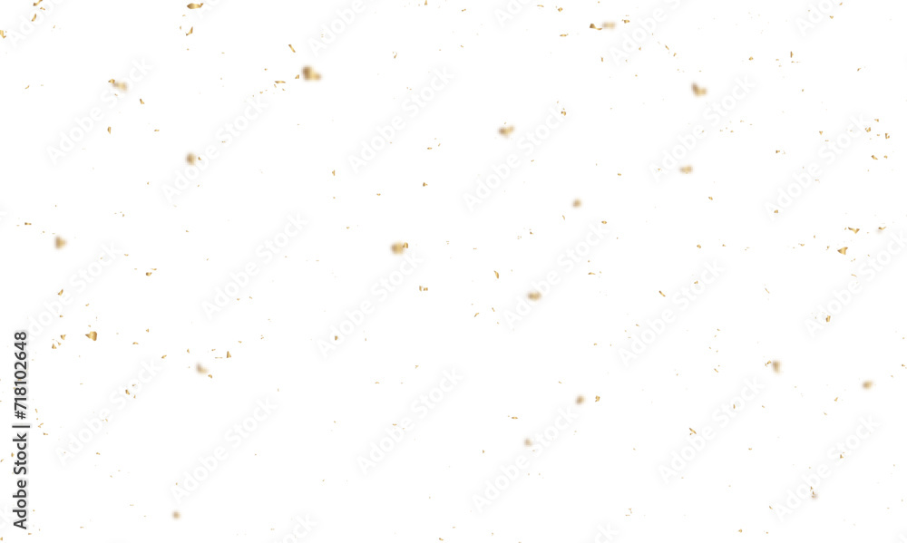 Abstract doted and confetti golden glitter and dust particles splatter on transparent background. Dust golden grunge background.