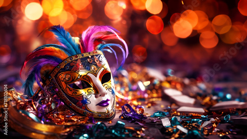 Bright carnival mask, colored ribbons and confetti on shiny blurred background © Kseniya