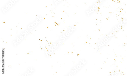 Abstract doted and confetti golden glitter and dust particles splatter on transparent background. Dust golden grunge background.