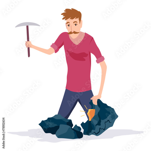 Golden miner. Digger character find minerals and gold working, digging exact. Gold mineral extraction. Vector illustration in cartoon style