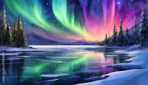 landscape with water and Aurora Borealis
