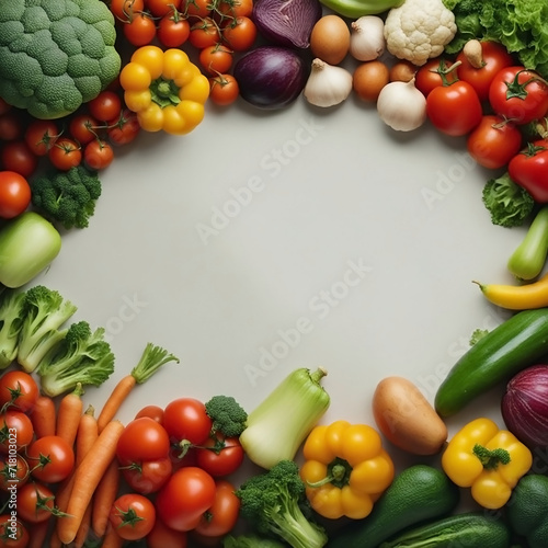 top view of vegetarian food banner image, Mockup background with empty white paper space at the middle,  with different types of delicious vegetables and fruits around
