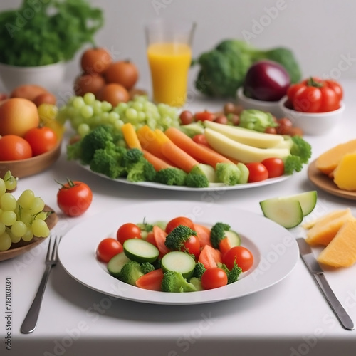 Side view of vegetarian food banner image, white color diet salad plate with different types of delicious vegetables and fruit slices around and juice glass on white background 