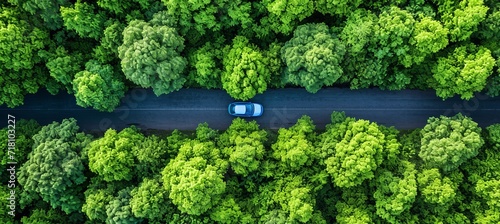 Aerial view of car driving on rural road through lush green rainforest with dense tree canopy