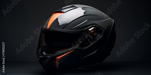 Biker in suit and helmet on the dark background ,Modern motorcycle helmet on dark backdrop,