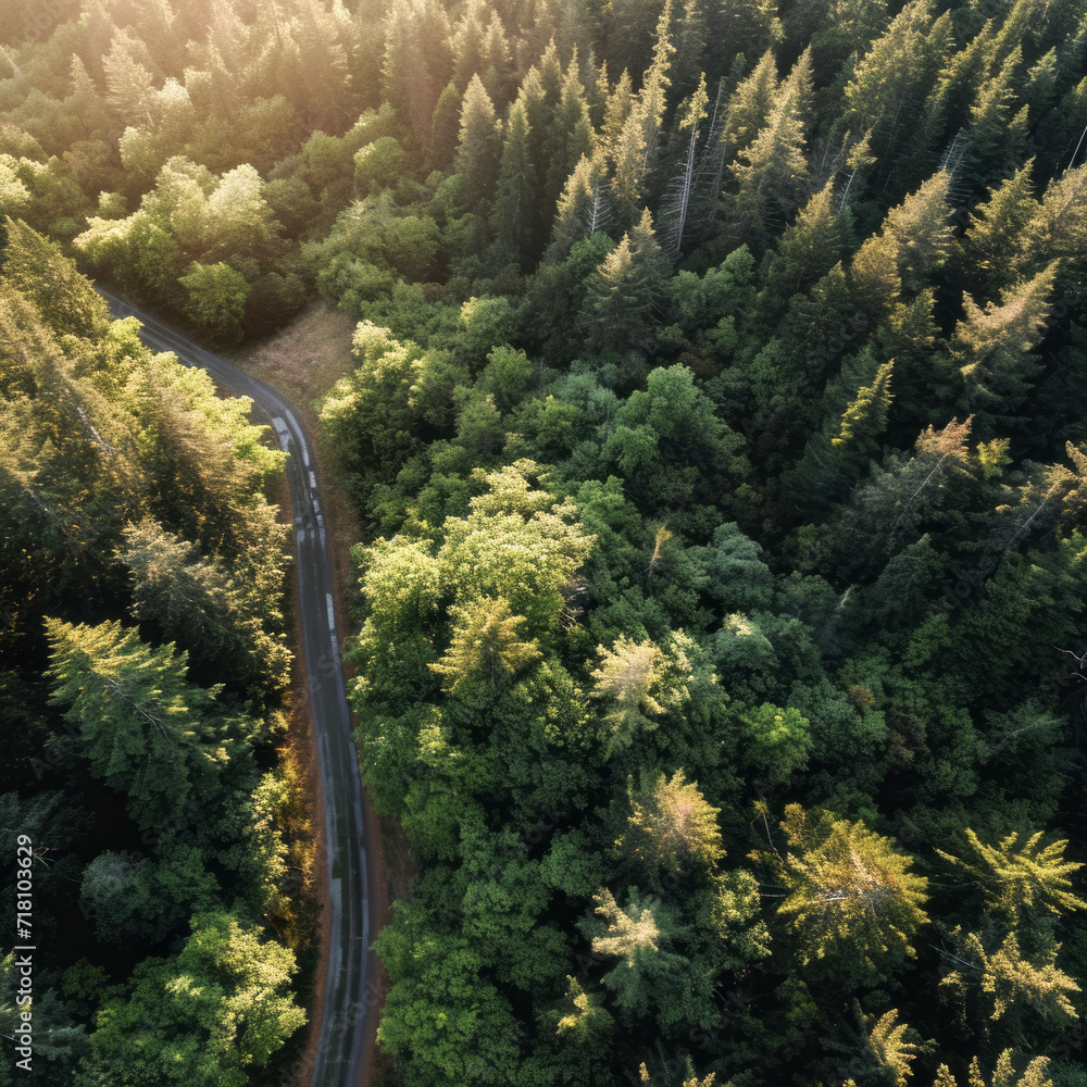 Experience the majestic rainforest from above with this drone-captured aerial view, showcasing the high canopies, dense foliage, and vibrant coolers along the remote highway
