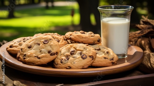 Freshly baked homemade cookies on a tray with a glass of milk  delicious sweet treats for snack time
