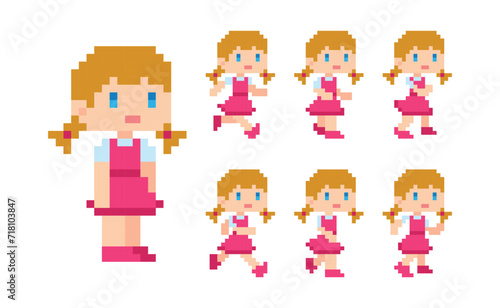 Pixel art 8 bit cute girl blonde pink dress character run animation © Kitri