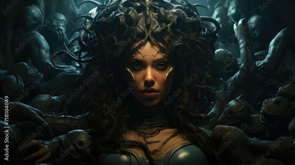 Medusa gorgon woman portrait looking at camera on darkbackground.