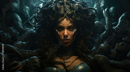 Medusa gorgon woman portrait looking at camera on darkbackground.