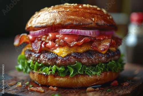 A mouth-watering close-up of a stacked burger, with juicy patty and melted cheese between fluffy buns, representing the indulgence of american fast food culture photo