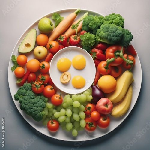 Side view of vegetarian food banner image, white color diet salad plate with different types of delicious vegetables and fruit slices on white background on timber table top
