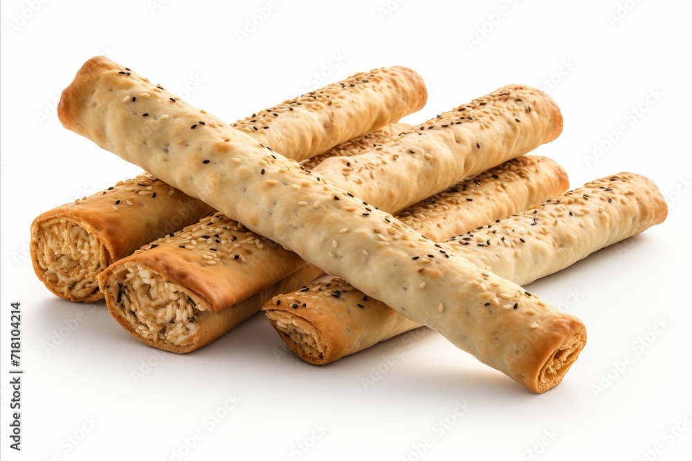 Assorted crispy crackers arranged neatly on a clean white background for a delightful snack concept Assorted crispy crackers arranged neatly on a clean white background for a delightful snack concept