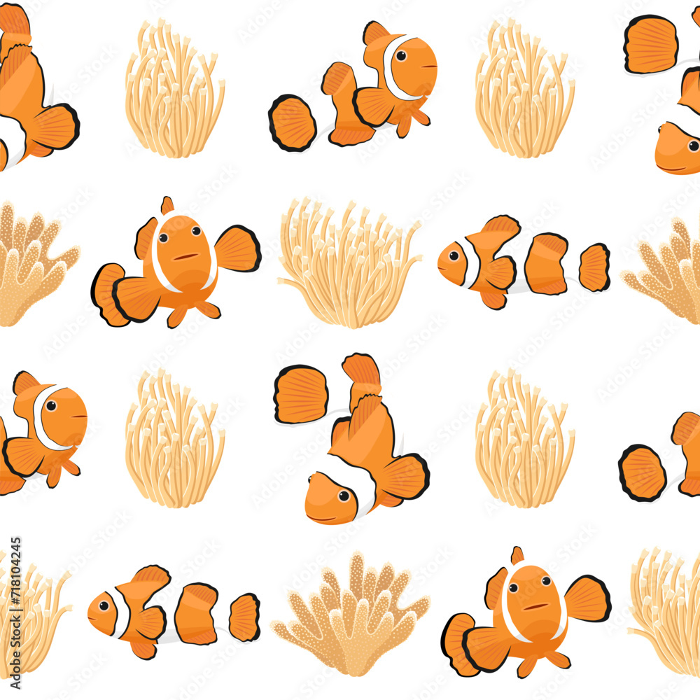 Clown fish and anemone on a light background, sea life, vector seamless pattern. Ornament for gift wrapping paper, fabric, clothing, textile.