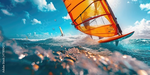 Windsurfer in dynamic action, against clear blue sky photo