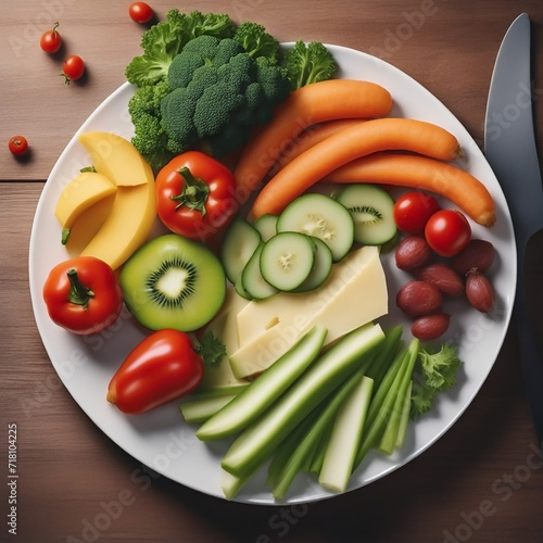 Side view of vegetarian food banner image, white color diet plate with different types of delicious vegetables and fruit slices on timber table top