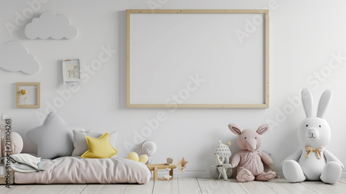 Mock up frame in cozy white children room interior background. Generative Ai