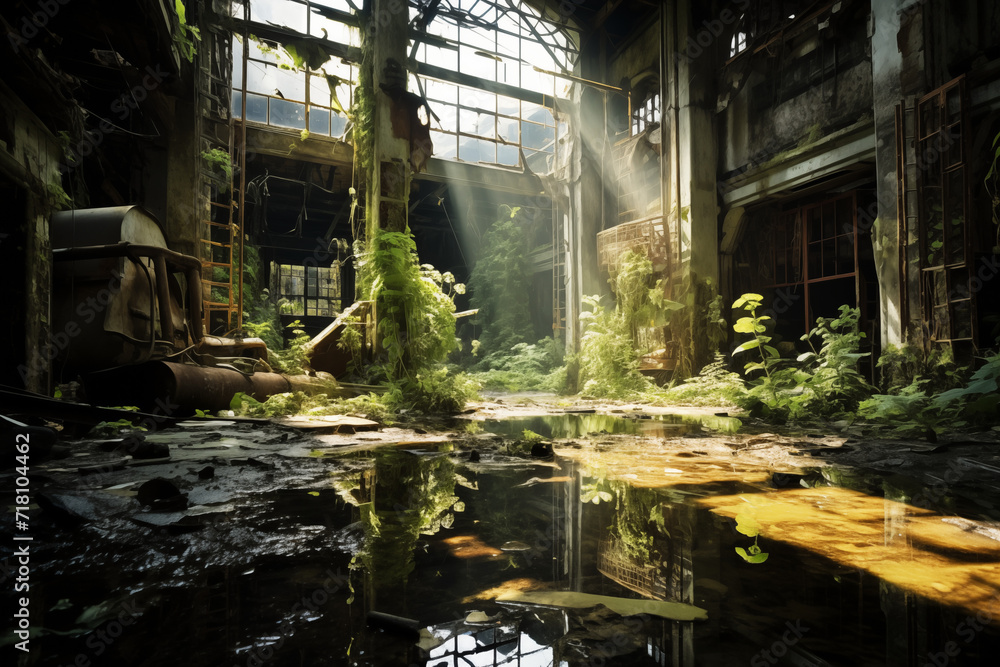 old abandoned factory building with water, old machines and vegetation growing