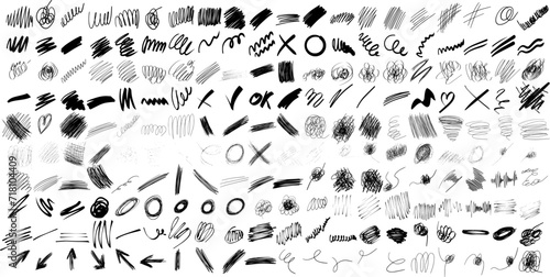 set of hand drawn ink brush strokes. Grunge scrawls, charcoal scribbles, rough brush strokes, underlines and circles. Bold charcoal freehand stripes and ink shapes. Crayon or marker scribbles vector .