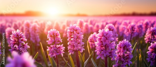 Rows of fields of purple Lavender flowers with a beautiful sunset in the background. generative AI photo