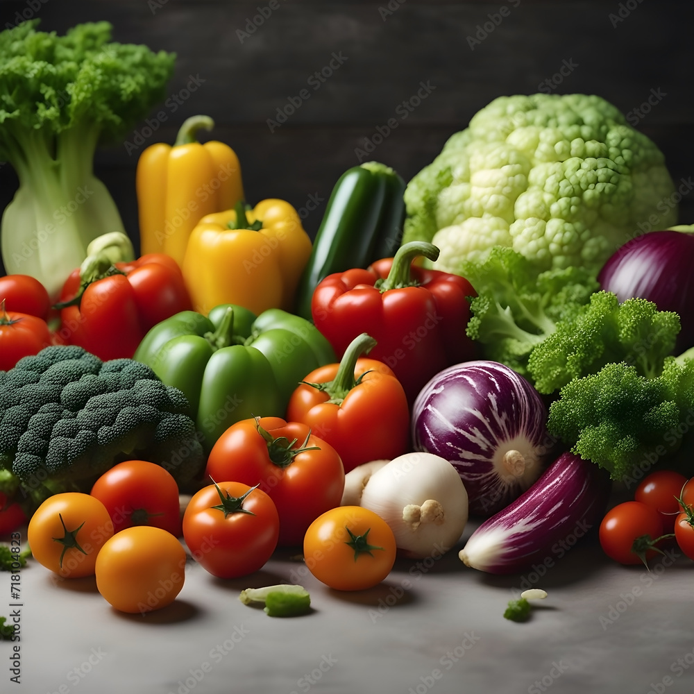 Side view of vegetarian food banner image, white color diet plate with different types of delicious vegetables and fruit slices on dark background Side view of vegetarian food banner image, white color diet plate with different types of delicious vegetables and fruit slices on dark background