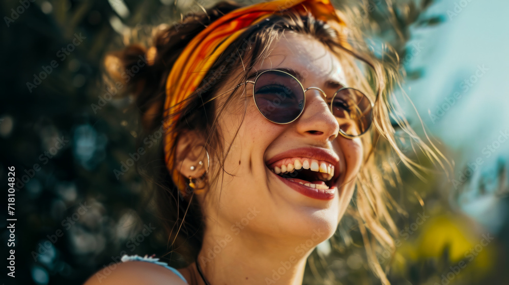 joyful beautiful young woman surprised cheerful smiling and happy laughing celebrating with stylish sunglasses and a colorful headband enjoying the sunshine, framed by soft-focus palm leaves joyful beautiful young woman surprised cheerful smiling and happy laughing celebrating with stylish sunglasses and a colorful headband enjoying the sunshine, framed by soft-focus palm leaves