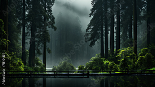 Towering redwood trees in a deep  mystical forest