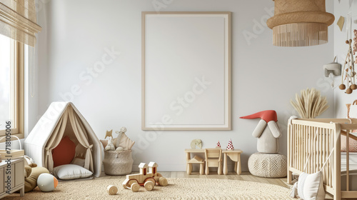 Mock up poster in children room background, pastel color room with natural wicker and wooden toys. Generative Ai photo