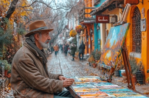 Amidst the bustling market  a solitary figure adorned in colorful clothing captures the essence of the street on canvas  his strokes mirroring the swaying branches of the towering tree